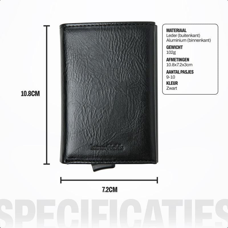 zwarte pasjeshouder met afmetingen