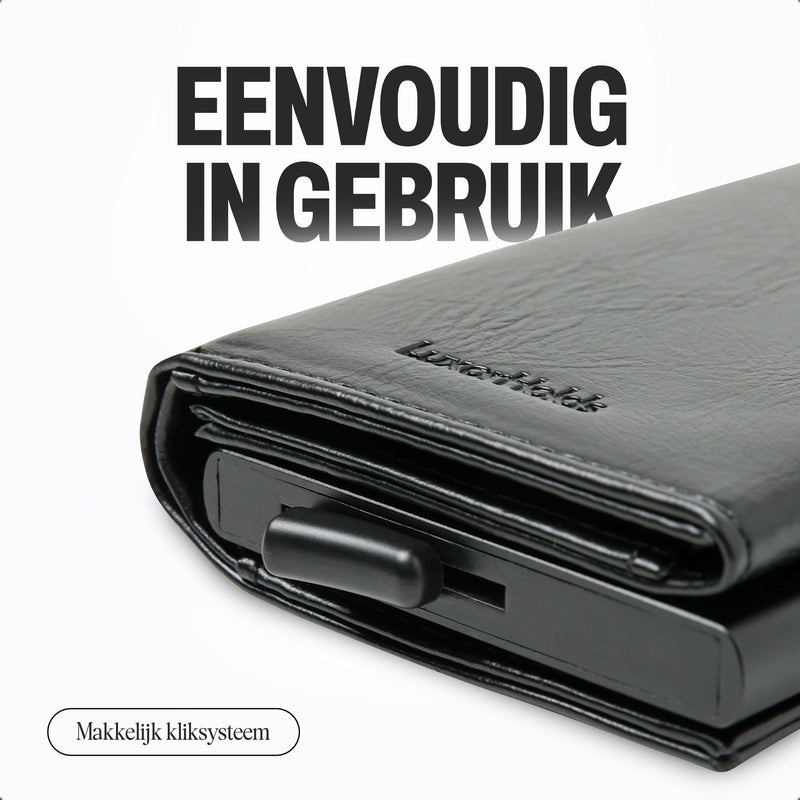 zwarte pasjeshouder met pop-up systeem